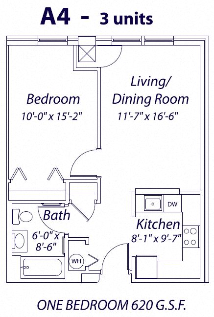 Floor plan for 1 bed, 1 bath, 738 sqft